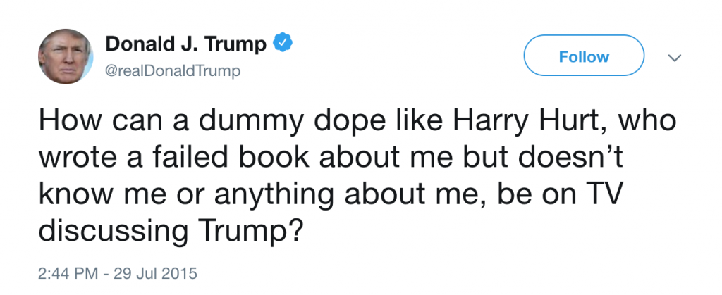 donald trump tweet Harry Hut is a “Dummy Dope”